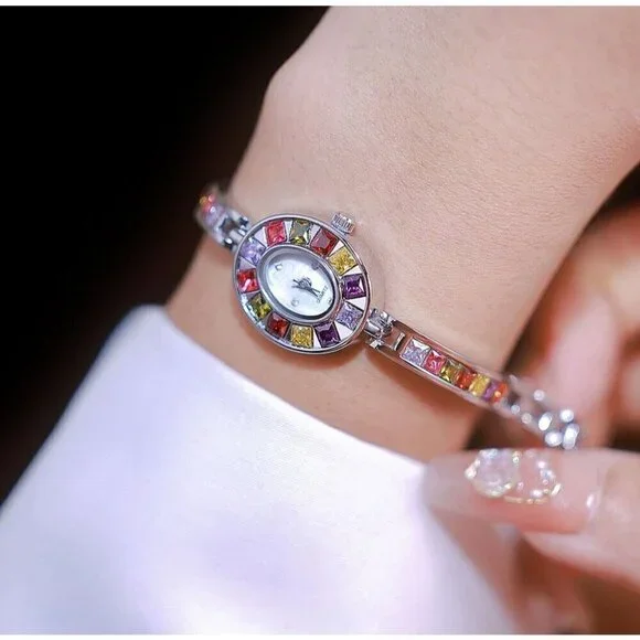 Women Silver Vintage Colorful Crystal Oval Watch Fashion Ladies Small Dial Dress - Picture 7 of 7